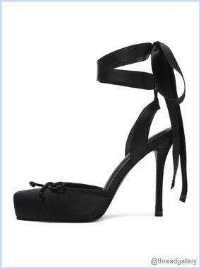 Satin Bow Ballet Heels Square Toe Lace-Up Stiletto Pumps